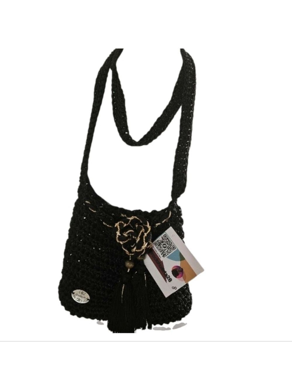 Hand Crafted Crochet Bucket Bag Tassel Beaded Drawstring Crossbody Purse Black